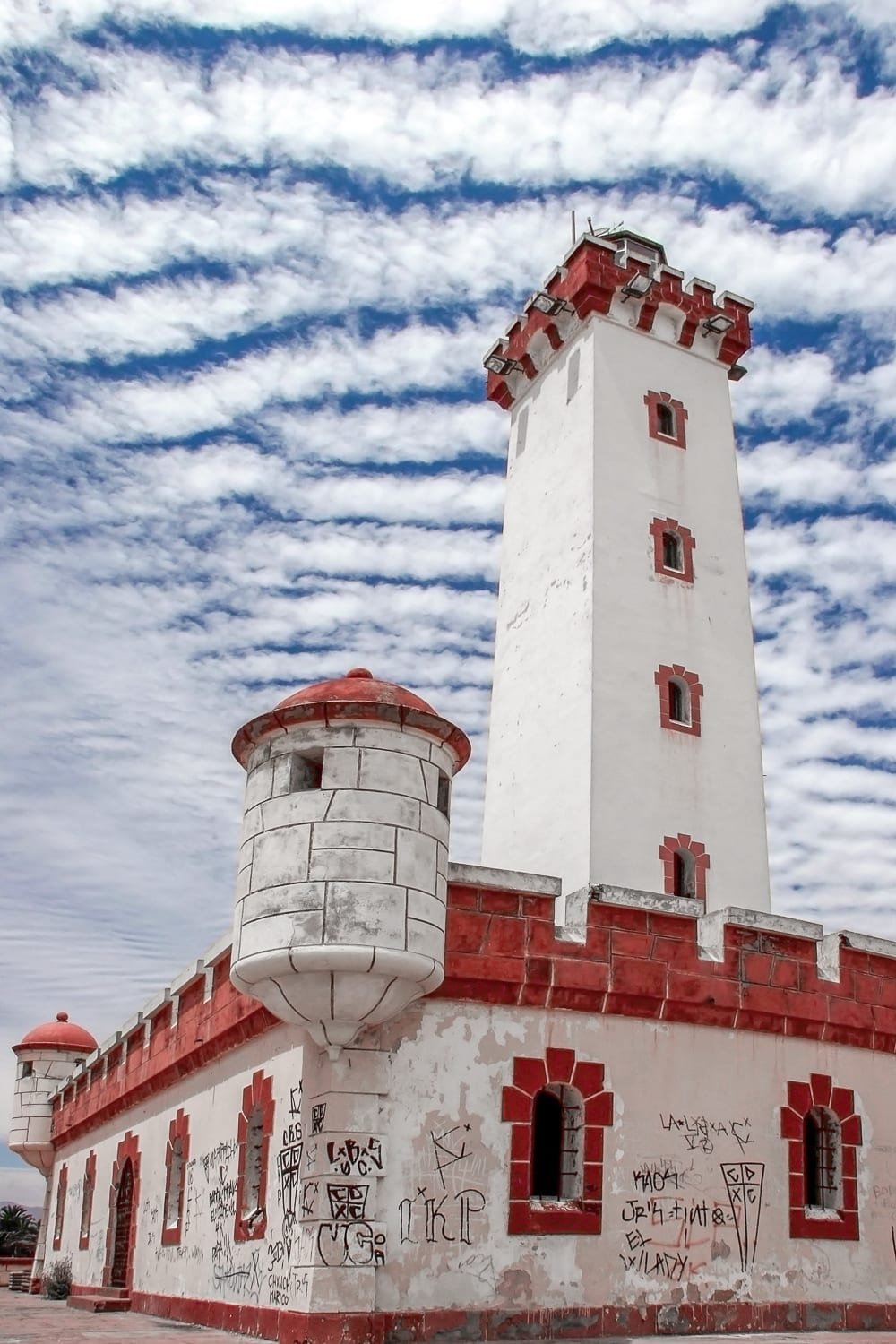 Famous-lighthouse-La-Serena-Faro Faro Monumental, a famous red and white lighthouse against colorful azure sky with cloudscape. La Serena. Chile