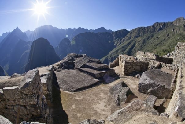 Machu-Picchu-Midday The sun beating over the ancient ruins of Machu Picchu in Peru, photographed on a private guided tour