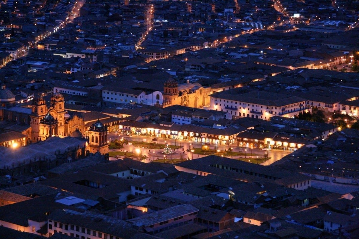 Peru-Vacation-Travel-Cusco-Plaza-de-Armas Night shot of Cusco, Peru taken during a private helicopter charter tour of the city