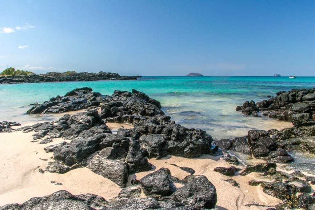 Galapagos-Private-Custom-Travel-Design-Bachas Pristine sandy beach scattered with volcanic rock, overlooking caribbean blue sea of the Galapagos Islands