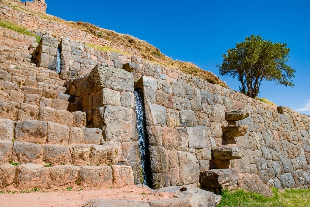 Water Fountains. Ruins of Tipon, Cusco, Peru Water Fountains cut into stone wall, with two staircases, photographed on a guided tour of Ruins of Tipon, Cusco, Peru