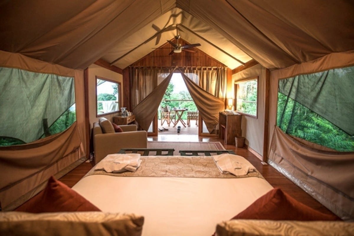 Galapagos-Safari-Camp-Tent View inside a luxury glamping tent at Galapagos Safari camp showing screened windows and large luxurious bed