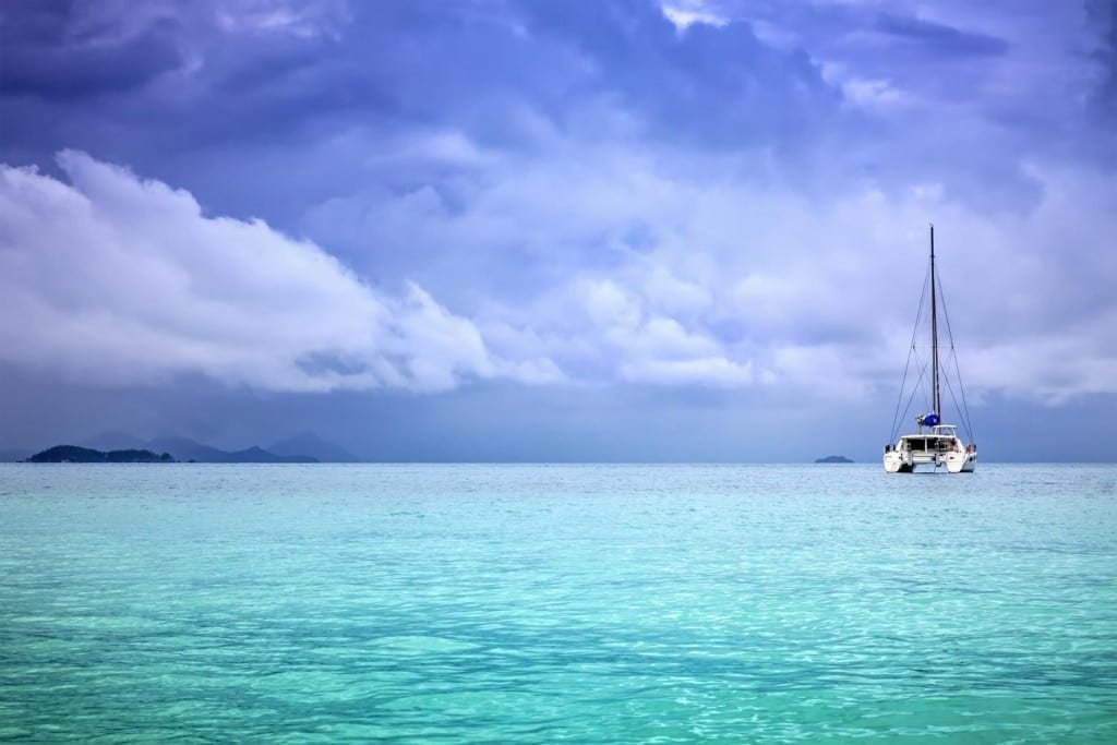 Landed-Travel-Private-Travel-Catamaran-Charter-San-Blas-Panama A charter boat in the clear caribbean water, just off the shore of Kuna Yala
