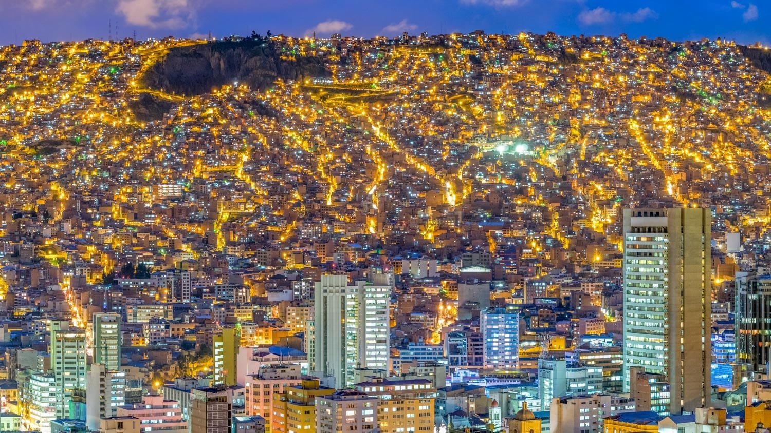 Landed-Travel-Private-Travel-La-Paz-Night-Bolivia La Paz Bolivia, photographed at night from a helicopter charter, showing a glowing sea of city lights