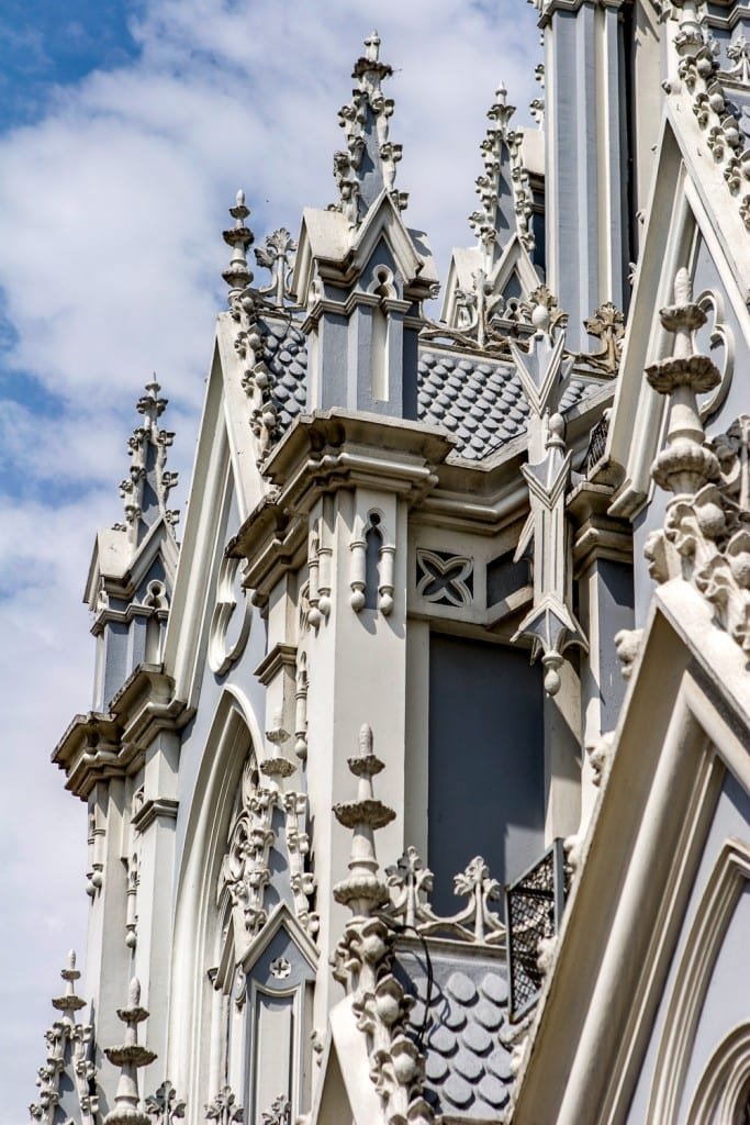 Private-Custom-Experiential-Travel-Design-Colombia-Ermita-Cali Gothic white Ermita church in Cail, Colombia. Intricate stonework and elaborate architectural style