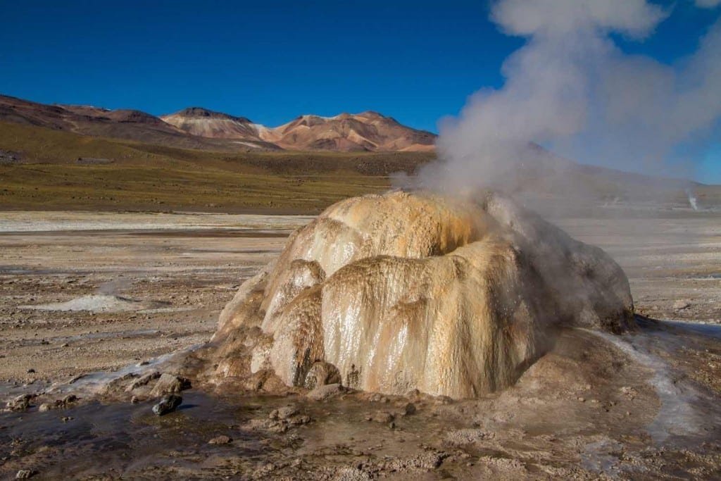 Private-Travel-Atacama-Desert-Chile-El-Tatio-Geysers-3 Tatio Geysers, unique brown and white cone in the Atacama Desert of Chile, steam rising from its mouth