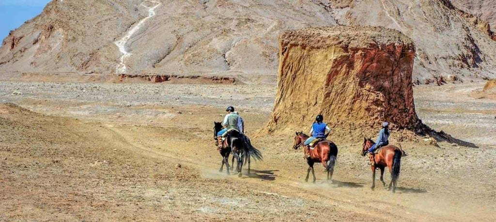 Private-Travel-Atacama-Desert-Chile-Horseback-Riding Two leisure travelers on a horseback tour of the Atacama Desert in Chile