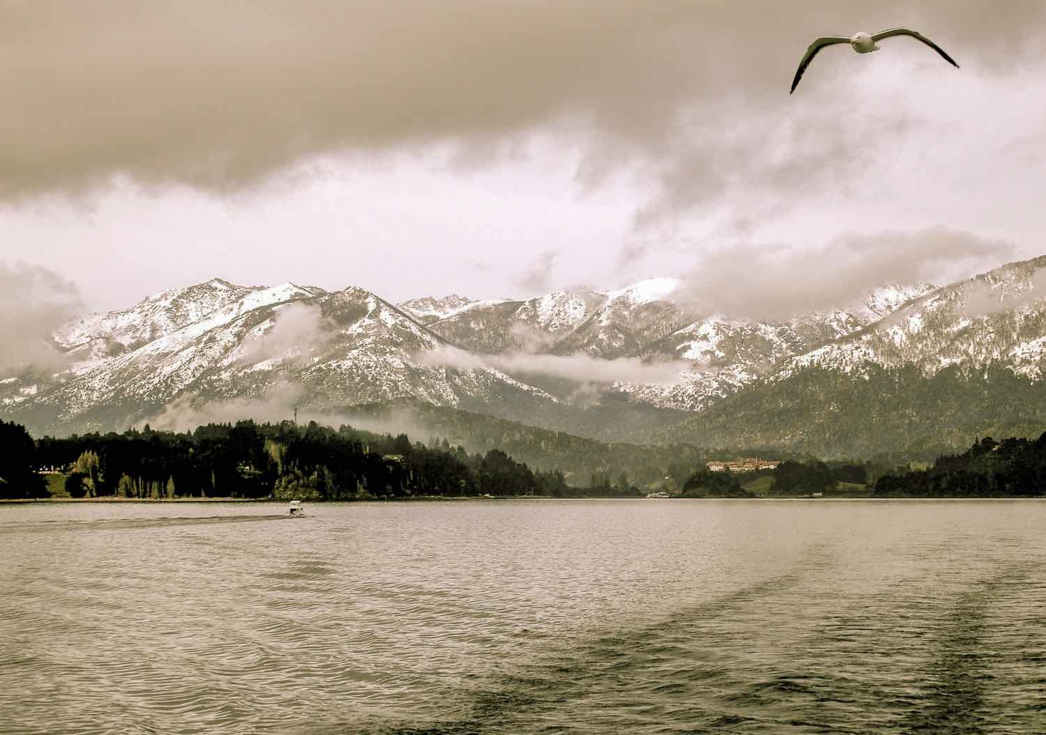Private-Travel-Custom-Travel-Argentina-Lake-District-Winter-Llao-Llao View of the snow-capped mountains acrross the Lake from the Llao Llao hotel in Argentine Patagonia