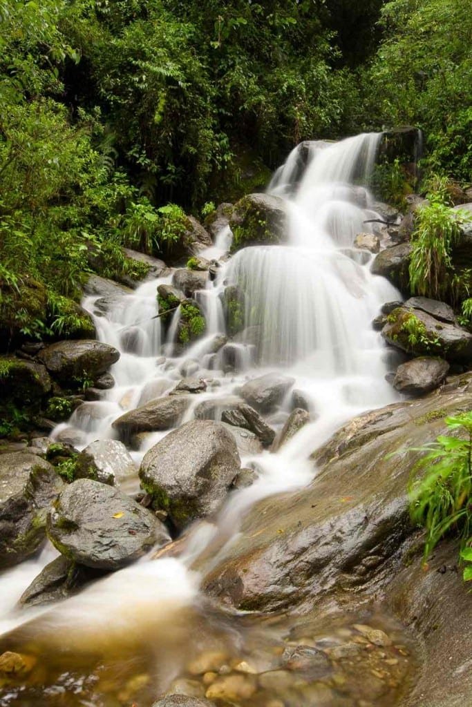 Private-Travel-Custom-Travel-Ecuador-Machay-Waterfall Machay Waterfall near Banos, Ecuador. Turbulent river flowing down rocky bed, surrounded by green trees