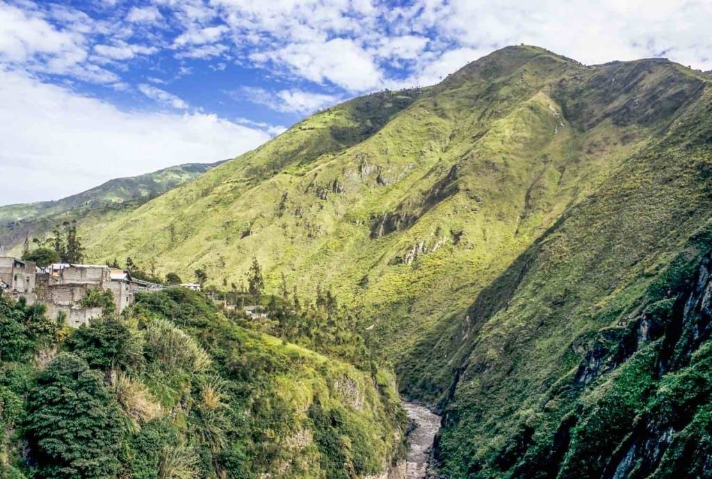 Private-Travel-Custom-Travel-Ecuador-River-Banos Banos River valley in Ecuador, showing Banos river flowing between tall green hills