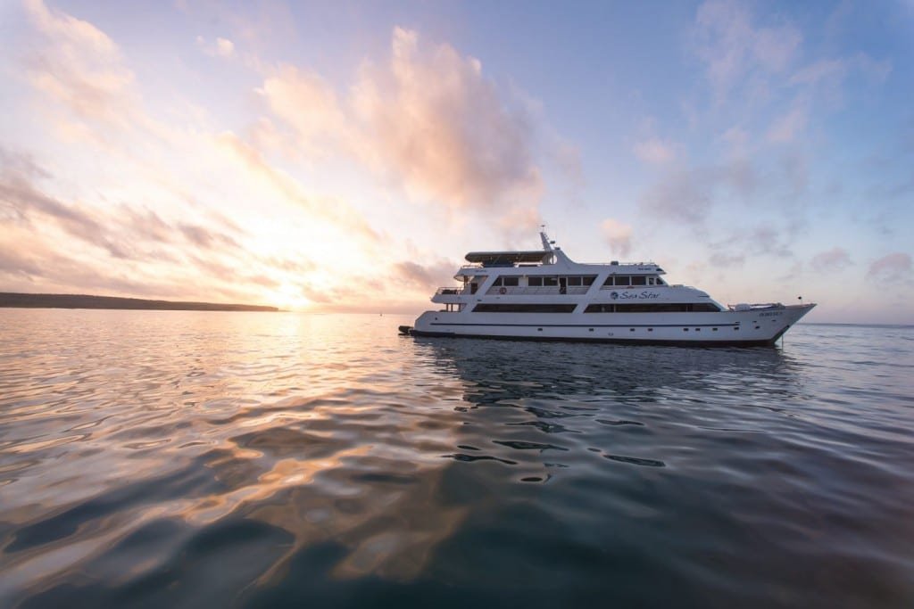 Sea-Star-Journey-Galapagos-Yacht Medium sized white Galapagos Yacht Charter M/Y Sea Star Journey, with cotton candy sunset over the waters of the Galapagos Islands in the background