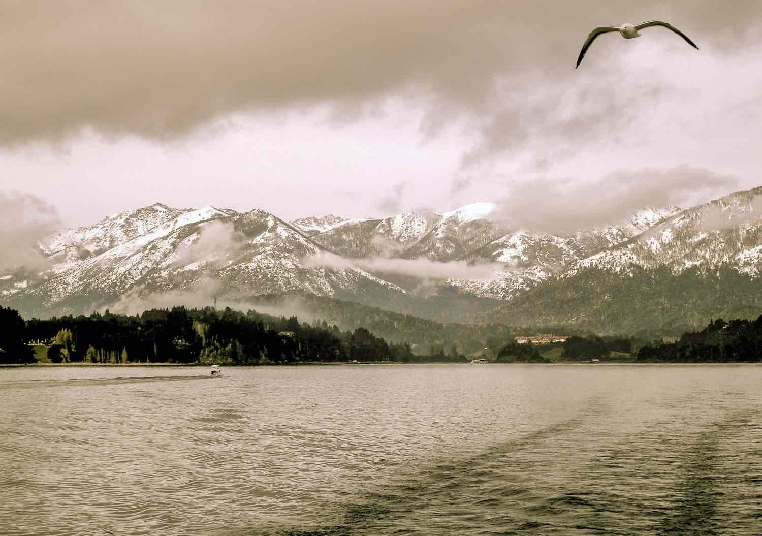 Bird-Custom-Travel-Argentina-Lake-District-Winter-Llao-Llao View of the snow-capped mountains acrross the Lake from the Llao Llao hotel in Argentine Patagonia