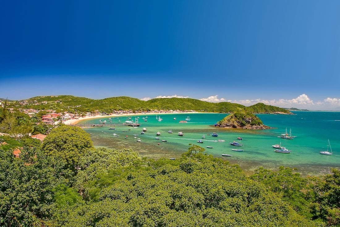 Brazil-Vacation-Travel-Buzios-Bay-1-DT Buizos Bay Beach Vacaton Brazil Green trees white sand turquoise water