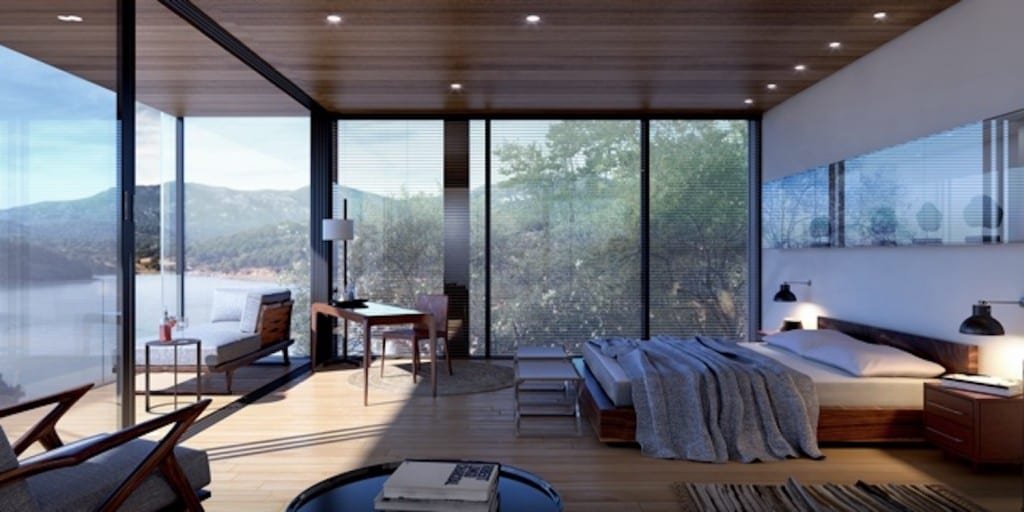 Puro-Vik-Concept-interior-Chile Interior concept of new Puro Vik concept Glass House showing minimalistic modern design with three glass walls overlooking Chilean wine valley