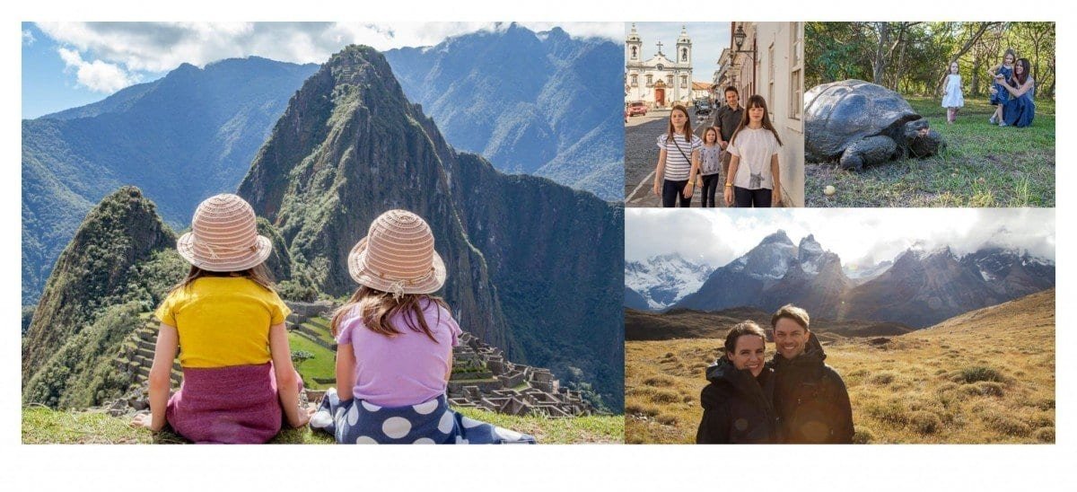 LANDED-Photo-Stitch Collection of photos of John and Erynn Montgomery in destinations throughout Latin America with their 4 daughters