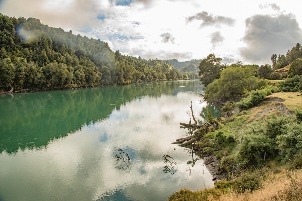 Private-Travel-Chile-Aysen-127 Emerald green The Melimoyu River surrounded by dense green forest in Aysen, Chile, Patagonia