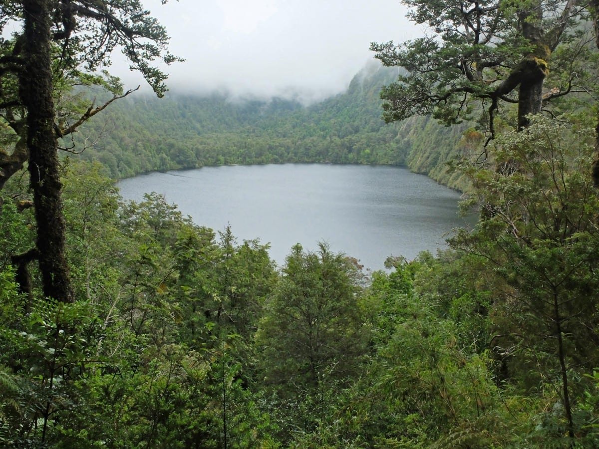 Private-Travel-Chile-Aysen-225 Near perfectly circular lake ringed by a steep bowl of dense green forest in