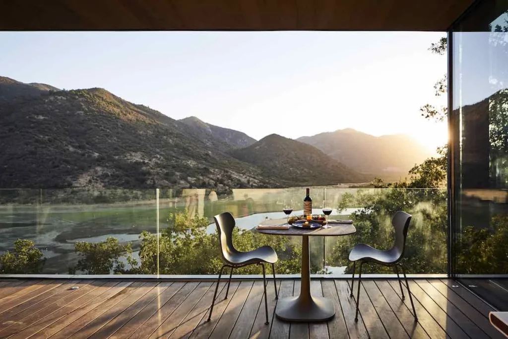 Wine drinking in a deck with view of the Chilean Patagonia