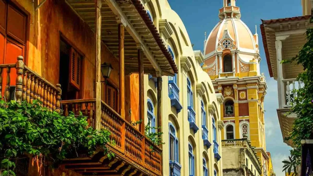 View from the street of colorful buildings on the streets of cartagena